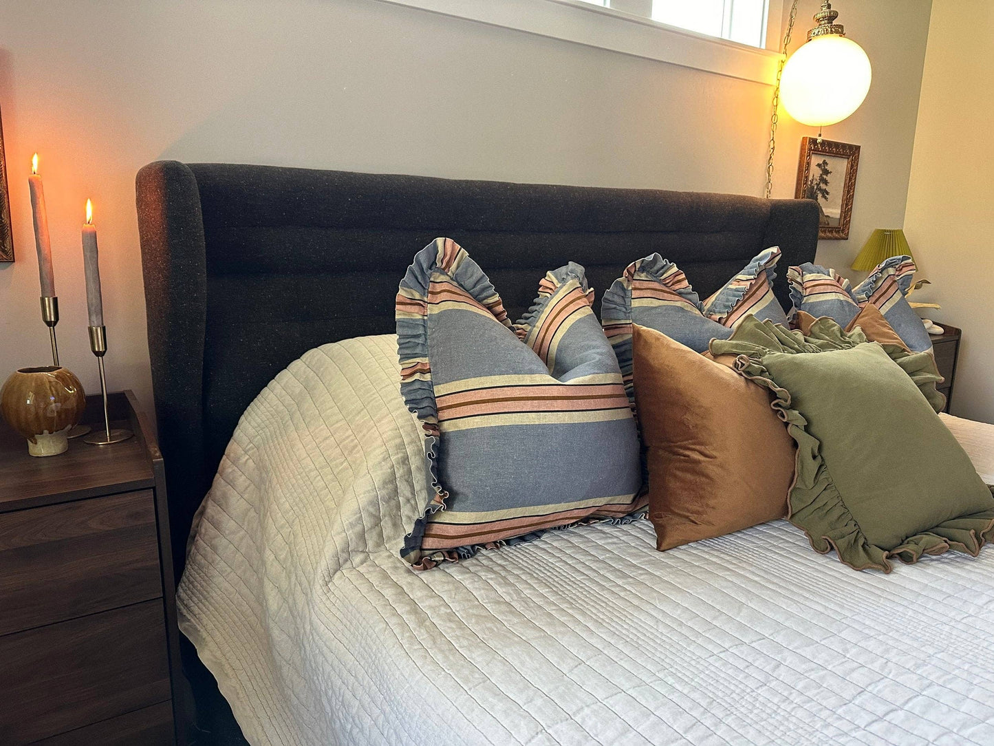 Hunter Green Linen-Ruffle Pillow Cover