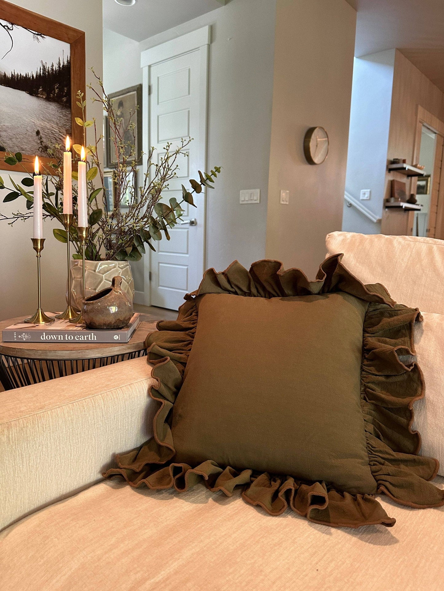Hunter Green Linen-Ruffle Pillow Cover