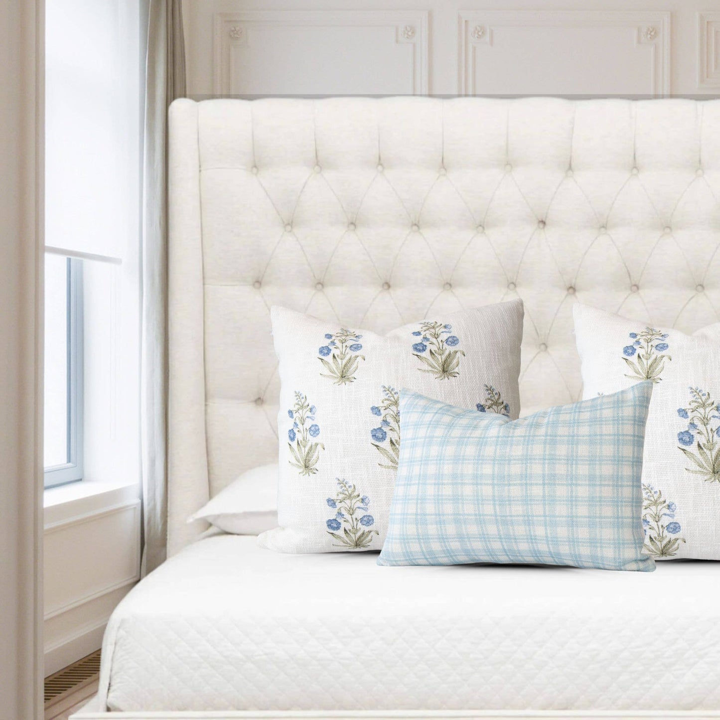 Lucie Blue Floral Block Print Pillow Cover- Decorative