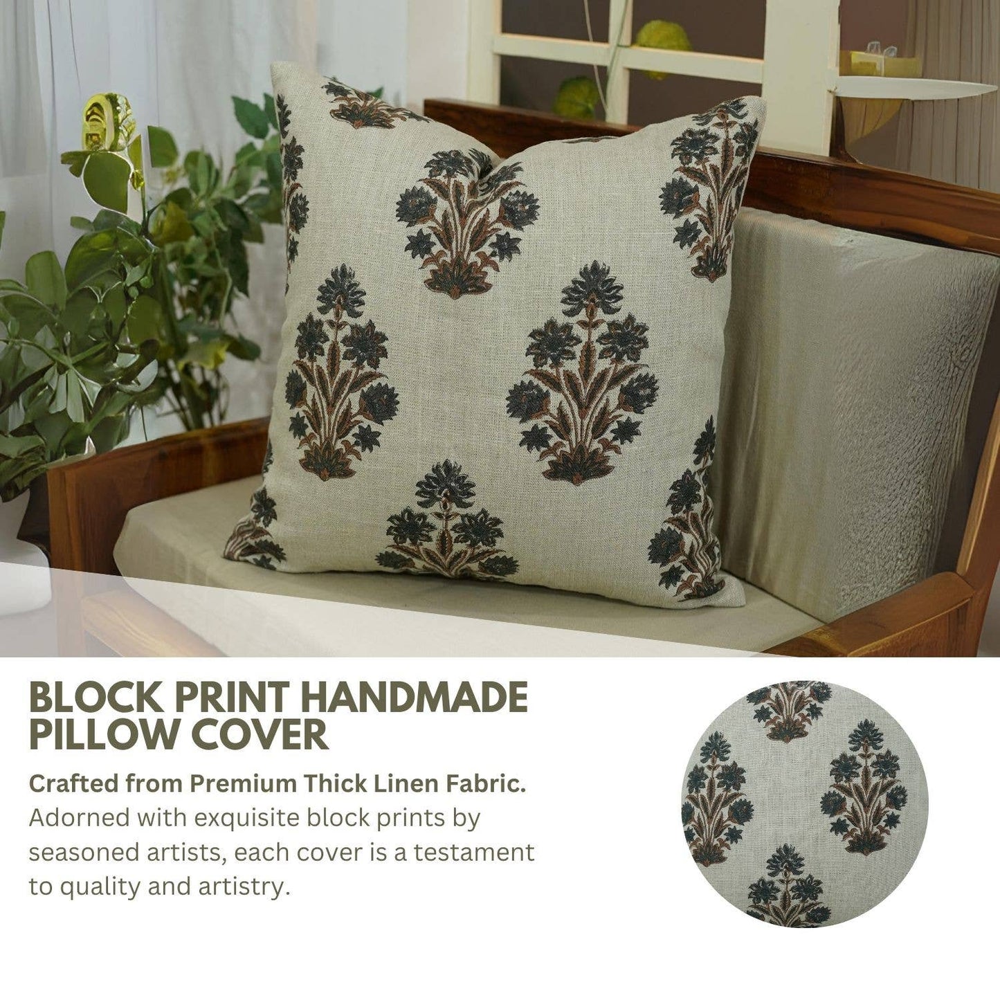 Hand Block Printed Thick Linen Pillow Cover- Morpankh