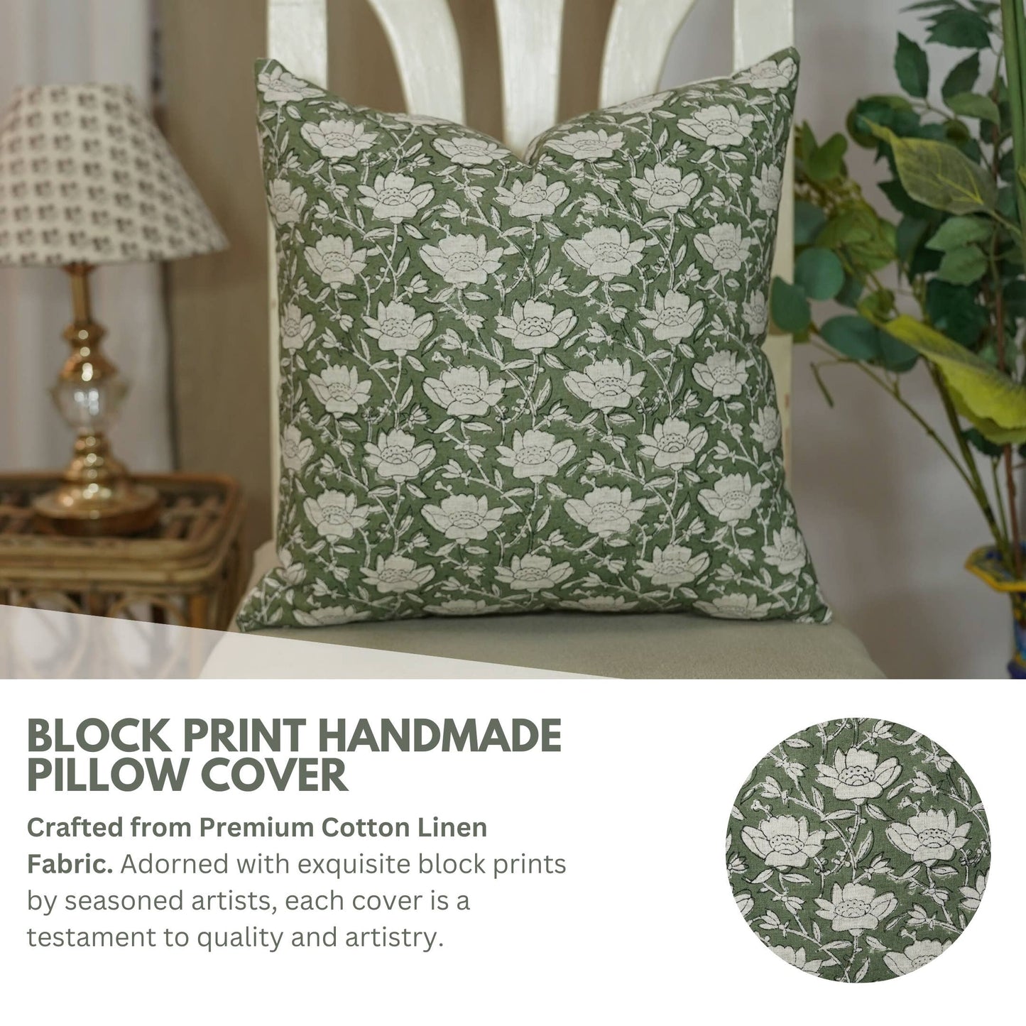 Boho Block Print Cotton Linen Pillow Cover - Dhruv