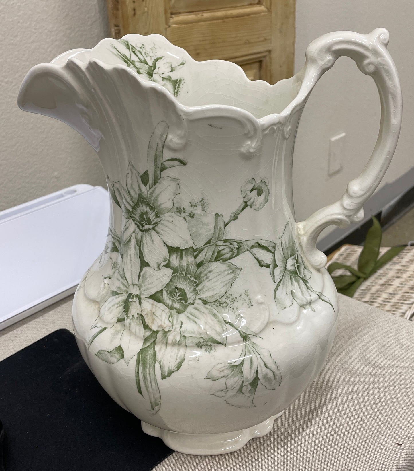 Green Floral Ironstone Pitcher