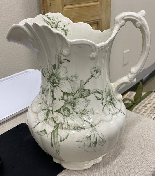 Green Floral Ironstone Pitcher