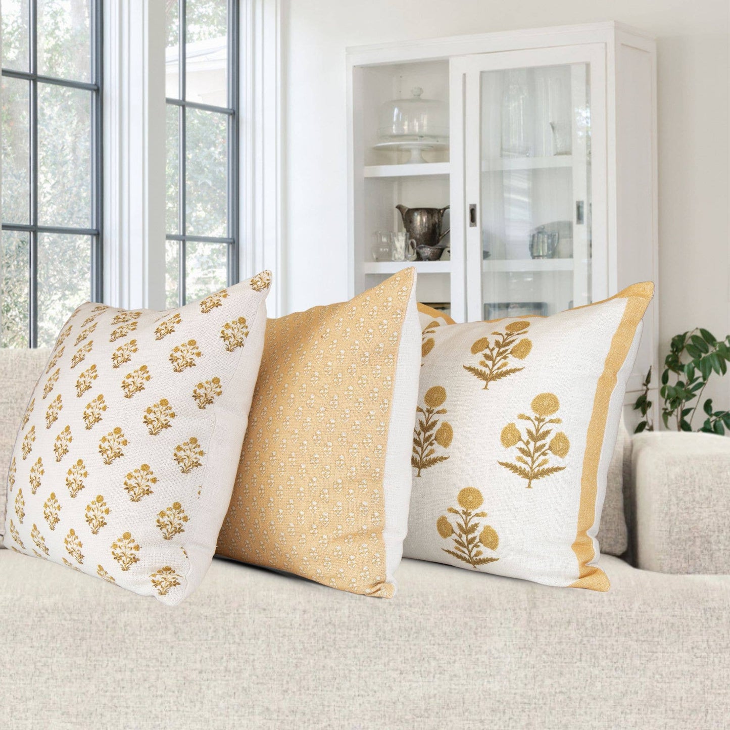 Isabella Gold Floral Block Print Pillow Cover –Elegant Decor
