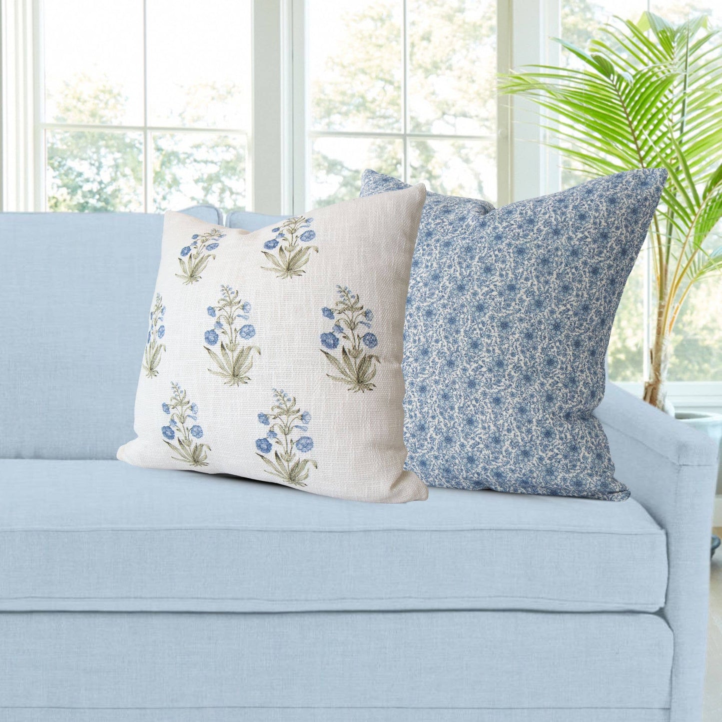 Lucie Blue Floral Block Print Pillow Cover- Decorative