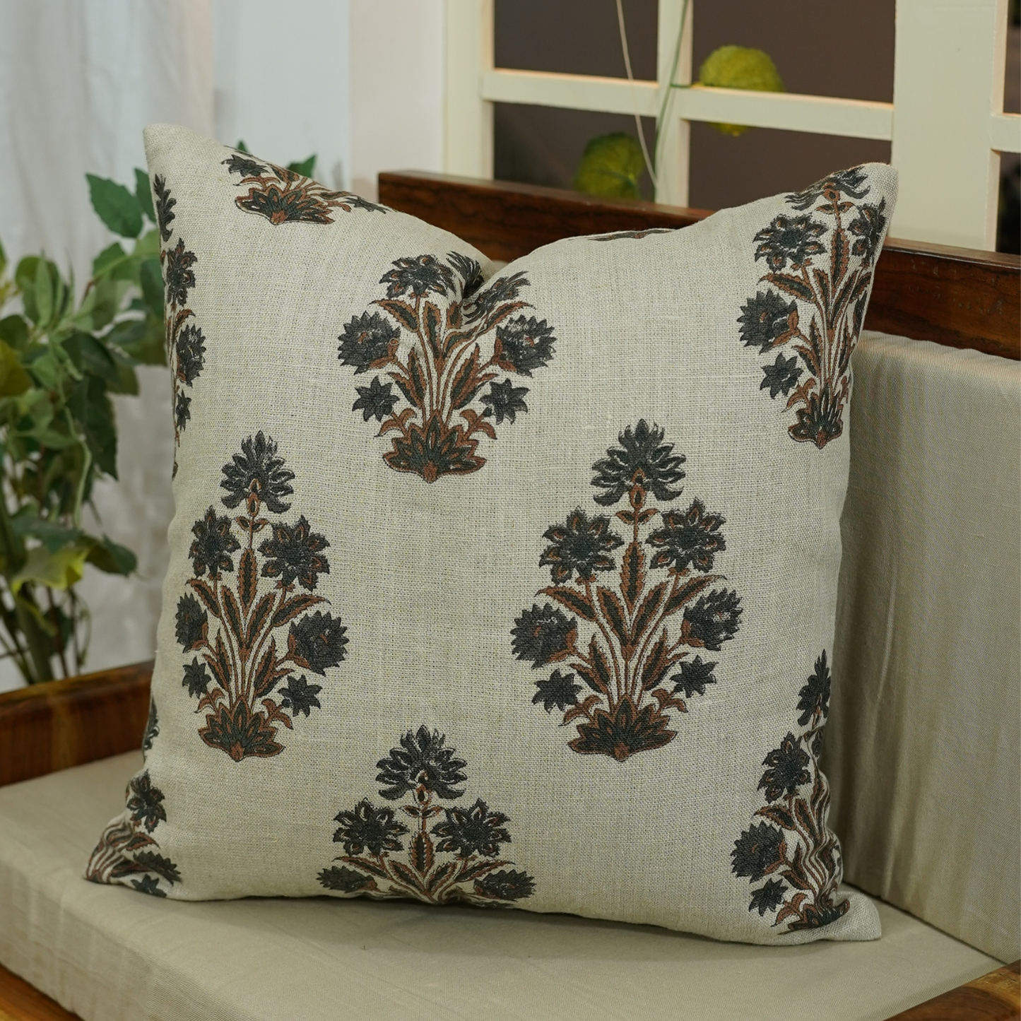 Hand Block Printed Thick Linen Pillow Cover- Morpankh