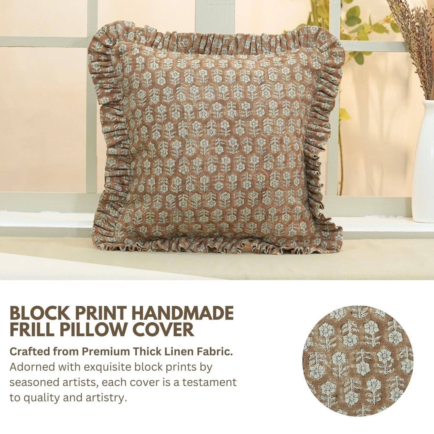 Beautiful Block Print Thick Linen Pillow Cover - Tulsi Buti