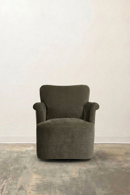 Modern swivel armchair in deep olive green chenille fabric with round swivel base